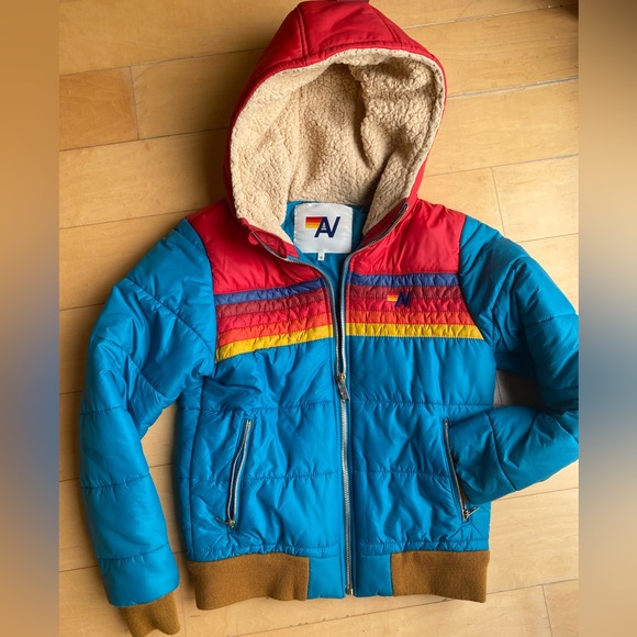 🌈AVIATOR NATION 5 STRIPE DOWN PUFFER COAT WITH SHERPA LINED HOOD🌈 - Picture 3 of 7